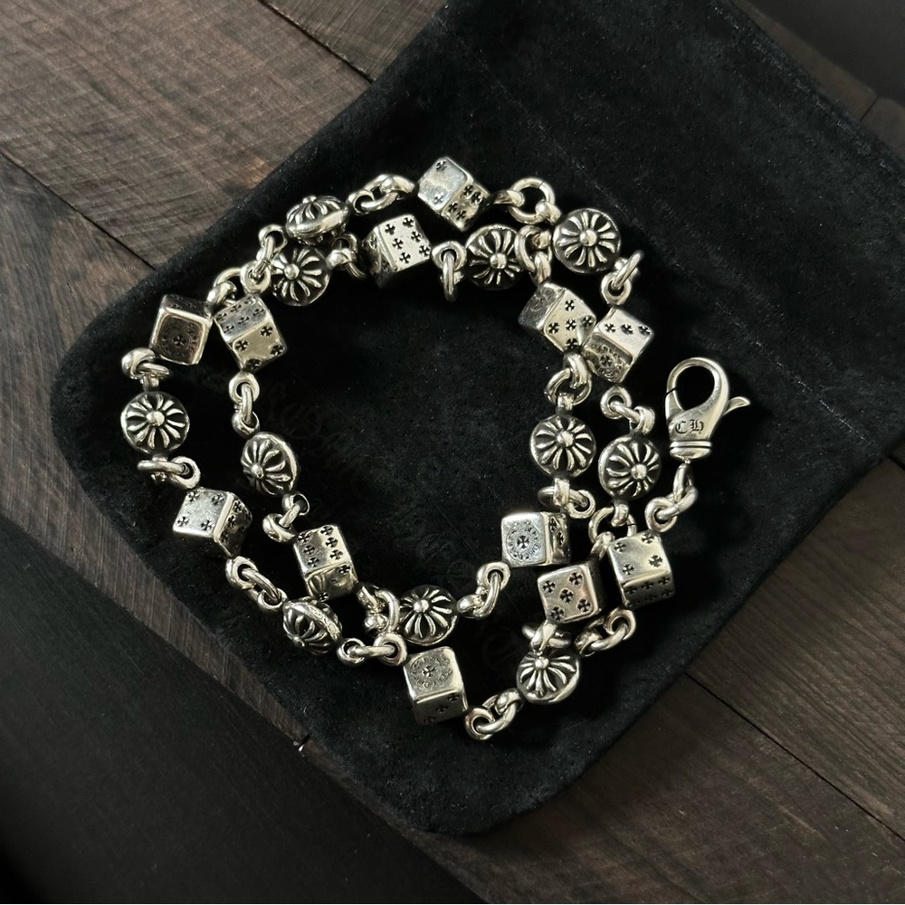 Chrome Hearts Silver 20 Inch Dice & Cross Ball Necklace With Lobster Clasp